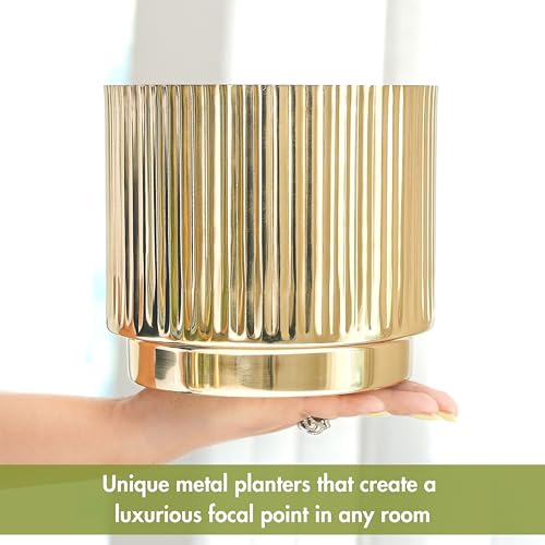 BEHOMA Fluted Metal Indoor Planters with Stands for Table Top and Floor | Living Room Drawing Room Balcony Office Plant Pots | Size Height- 8.5" x Dia. 7" inch, Golden (Plants not Included) - Image 3
