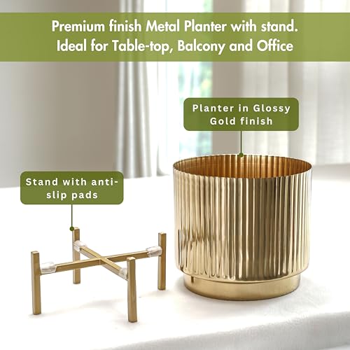 BEHOMA Fluted Metal Indoor Planters with Stands for Table Top and Floor | Living Room Drawing Room Balcony Office Plant Pots | Size Height- 8.5" x Dia. 7" inch, Golden (Plants not Included) - Image 5