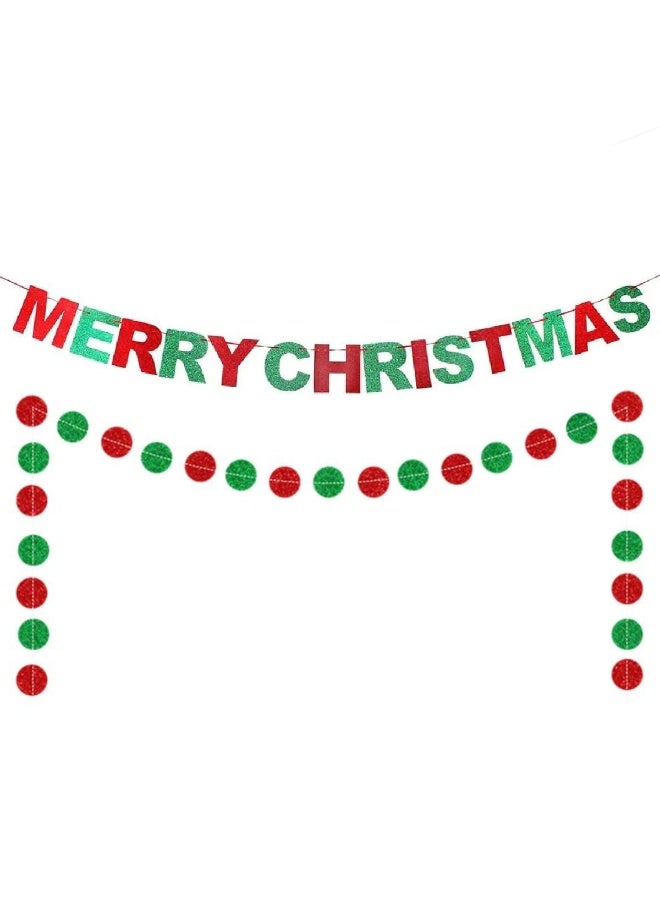 ThePartyPopper Merry Christmas Banner Garland Set – 6.9 Ft Red & Green Glitter Letter Banner with Hanging Dot Garlands - Image 1