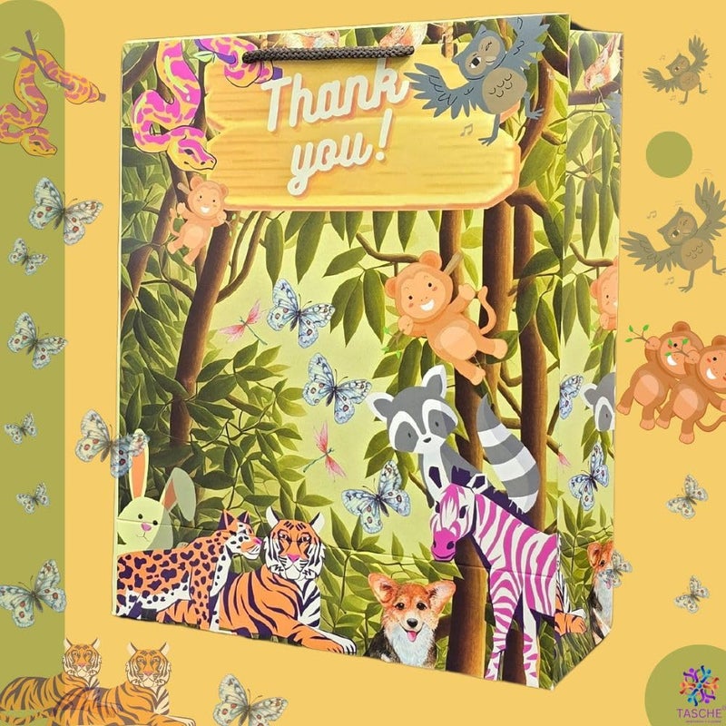 TASCHE TASCHE Jungle Animal Design Thank You Theme Paper Gift Bags For Return GiftsBirthdayHoliday Presents Pack Of 8Multi Color 