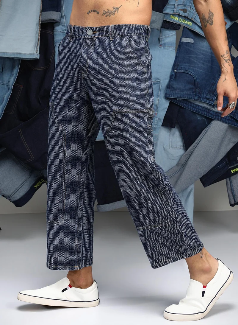 Campus Sutra Men's Navy Blue Checker Baggy Utility Denim Jeans