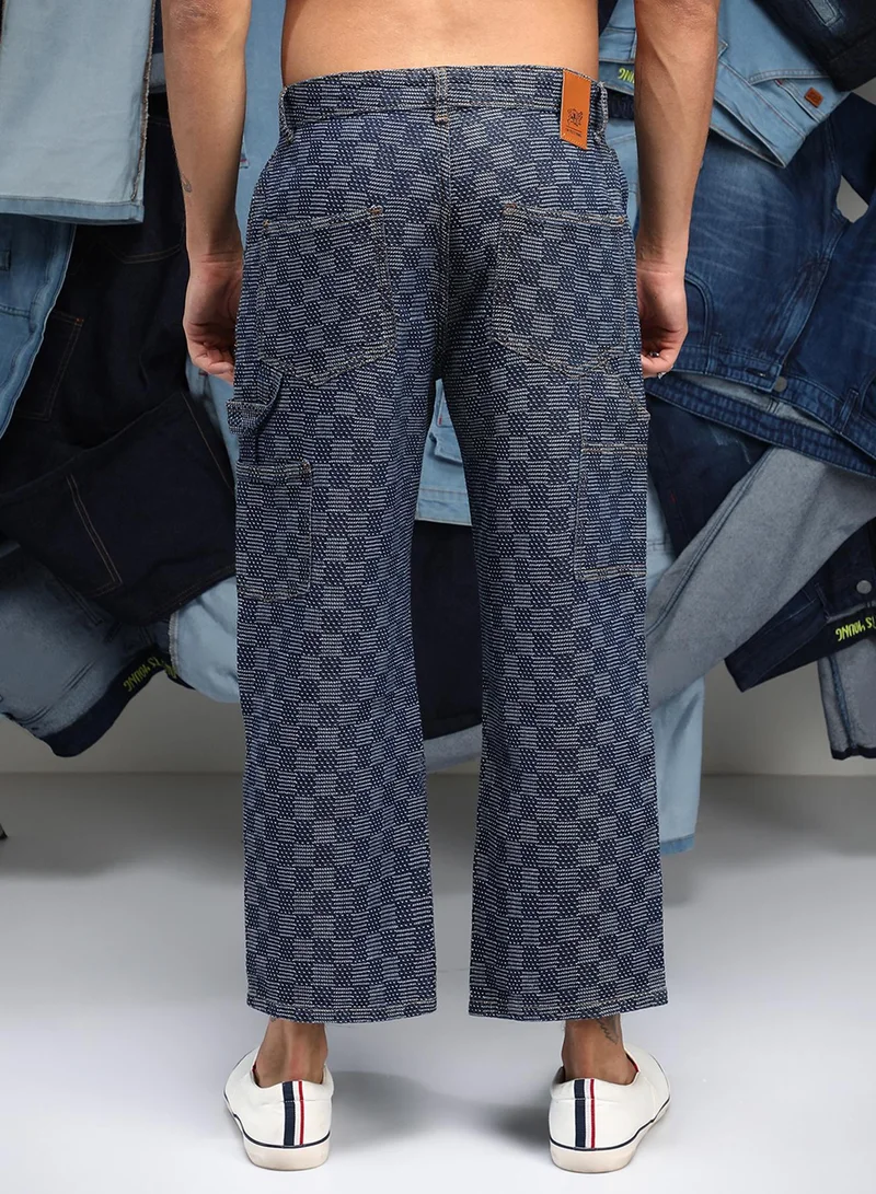 Campus Sutra Men's Navy Blue Checker Baggy Utility Denim Jeans