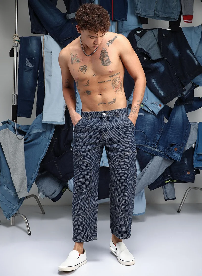 Campus Sutra Men's Navy Blue Checker Baggy Utility Denim Jeans