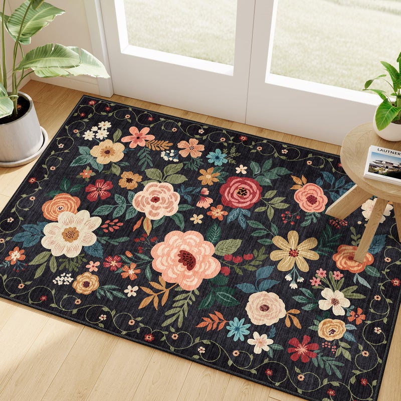 DUKINO 2x3 Rugs for Entryway, Floral Indoor Washable Door Mat, Non Slip Boho Small Rug for Kitchen, Soft Low Pile, Front Door Throw Rug for Entrance, Bedroom, Kitchen, Laundry, Bathroom, Black - Image 1