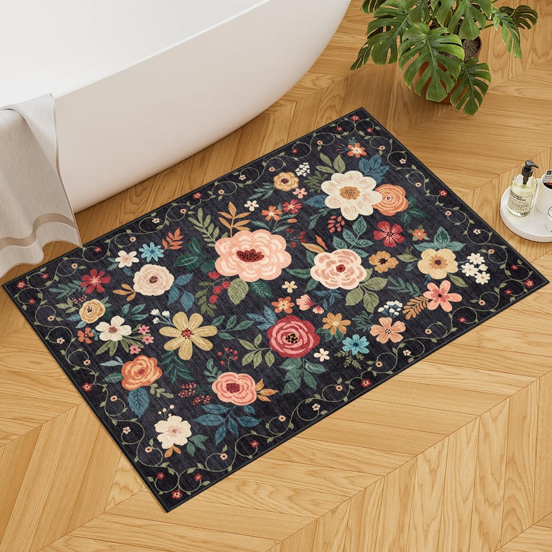 DUKINO 2x3 Rugs for Entryway, Floral Indoor Washable Door Mat, Non Slip Boho Small Rug for Kitchen, Soft Low Pile, Front Door Throw Rug for Entrance, Bedroom, Kitchen, Laundry, Bathroom, Black - Image 2