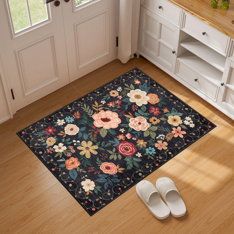 DUKINO 2x3 Rugs for Entryway, Floral Indoor Washable Door Mat, Non Slip Boho Small Rug for Kitchen, Soft Low Pile, Front Door Throw Rug for Entrance, Bedroom, Kitchen, Laundry, Bathroom, Black - Image 3