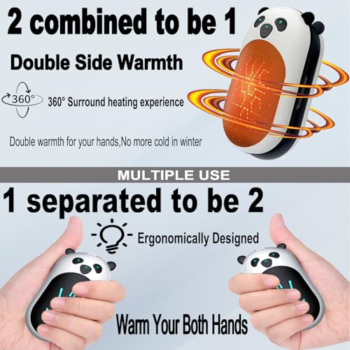BOANKODU Hand Warmers Rechargeable 2 Pack,6000mAh Cute Panda Shaped Electric Hand Warmer,20Hrs Long Heating Reusable Hand Warmer,Portable Pocket USB Heater for Christmas,Outdoor,Hunting(Black/White) - Image 2