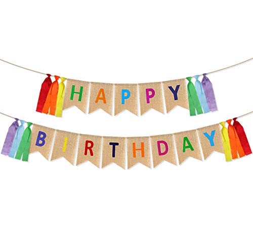 LINGPAR Highly Recommended Happy Birthday Burlap Banner Multicolored Tassels Design Colorful Ribbon For Kid Baby Adults Birthday Party Decorations - Image 1