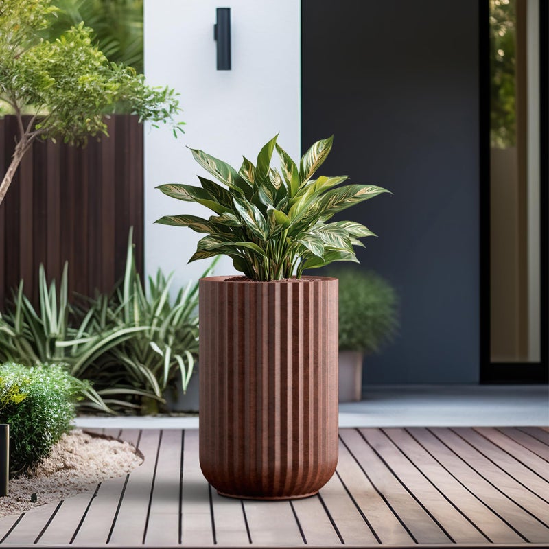 Kante Tall Fulted Planter, 21.7 Inch Tall Round Concrete Plant Pots with Drainage Hole and Rubber Plug, Modern Decor for Indoor Outdoor Plants, Flower, Rusty Finish with Painted Interior - Image 4