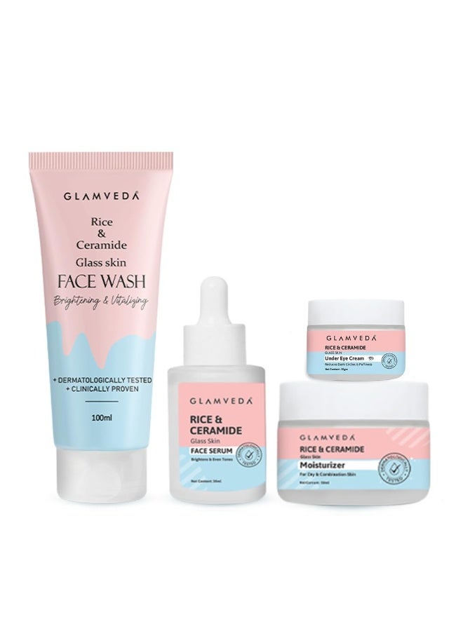 Glamveda Korean Rice & Ceramide 4 Step Daily Skincare Routine | Face wash 100ml, Face Serum 30ml, Under-eye cream 15g, Moisturizer 50ml| For Clear Skin Brightening & Hydrated Skin | For Men & Women - Image 1
