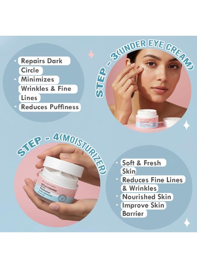 Glamveda Korean Rice & Ceramide 4 Step Daily Skincare Routine | Face wash 100ml, Face Serum 30ml, Under-eye cream 15g, Moisturizer 50ml| For Clear Skin Brightening & Hydrated Skin | For Men & Women - Image 4