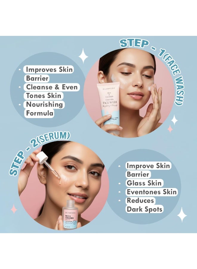 Glamveda Korean Rice & Ceramide 4 Step Daily Skincare Routine | Face wash 100ml, Face Serum 30ml, Under-eye cream 15g, Moisturizer 50ml| For Clear Skin Brightening & Hydrated Skin | For Men & Women - Image 3