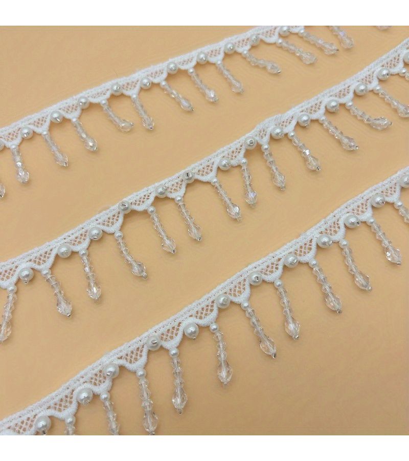 1 Yard Pearl Beaded Tassel Lace Trim Polyester Ribbon With Embroidery For Sewing - Image 1