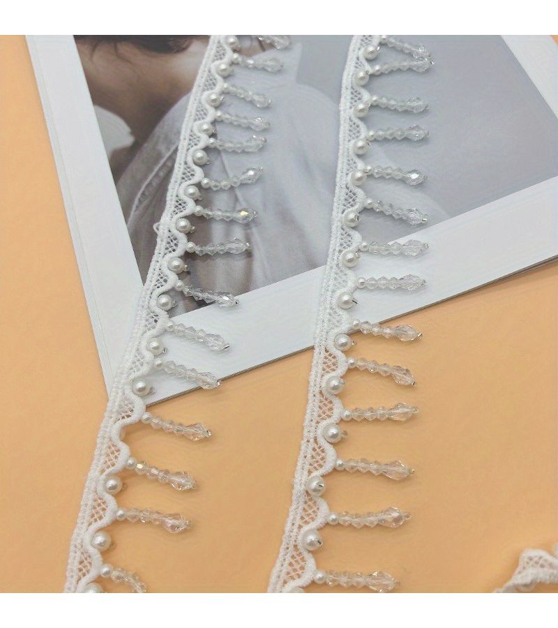 1 Yard Pearl Beaded Tassel Lace Trim Polyester Ribbon With Embroidery For Sewing - Image 2