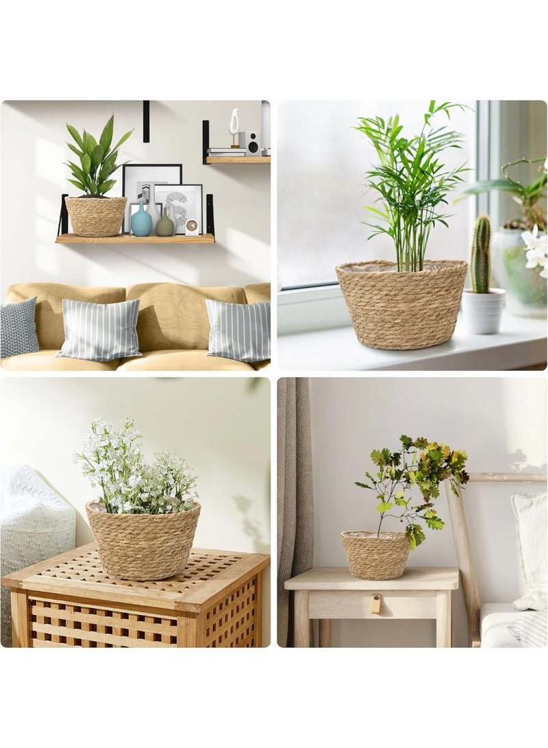 بيت إيزي مجموعة من 3 سلال نباتات، سلال زراعة داخلية منسوجة مع بطانة بلاستيكية، وأواني زخرفية من زهرة الزنبق المائي وقشور الذرة لديكور المنزل الريفي وديكور النباتات على الأرض (اللون الطبيعي - 3) - Image 3