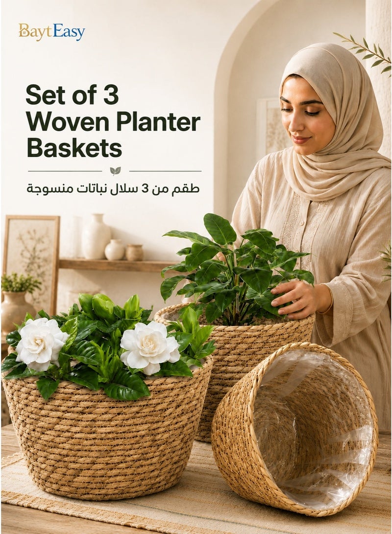BaytEasy Plant Basket Set of 3, Indoor Woven Planter Baskets with Plastic Liner, Water Hyacinth and Corn Husk Flower Pots for Rustic Home & Floor Plant Decor - Natural Color - Image 1