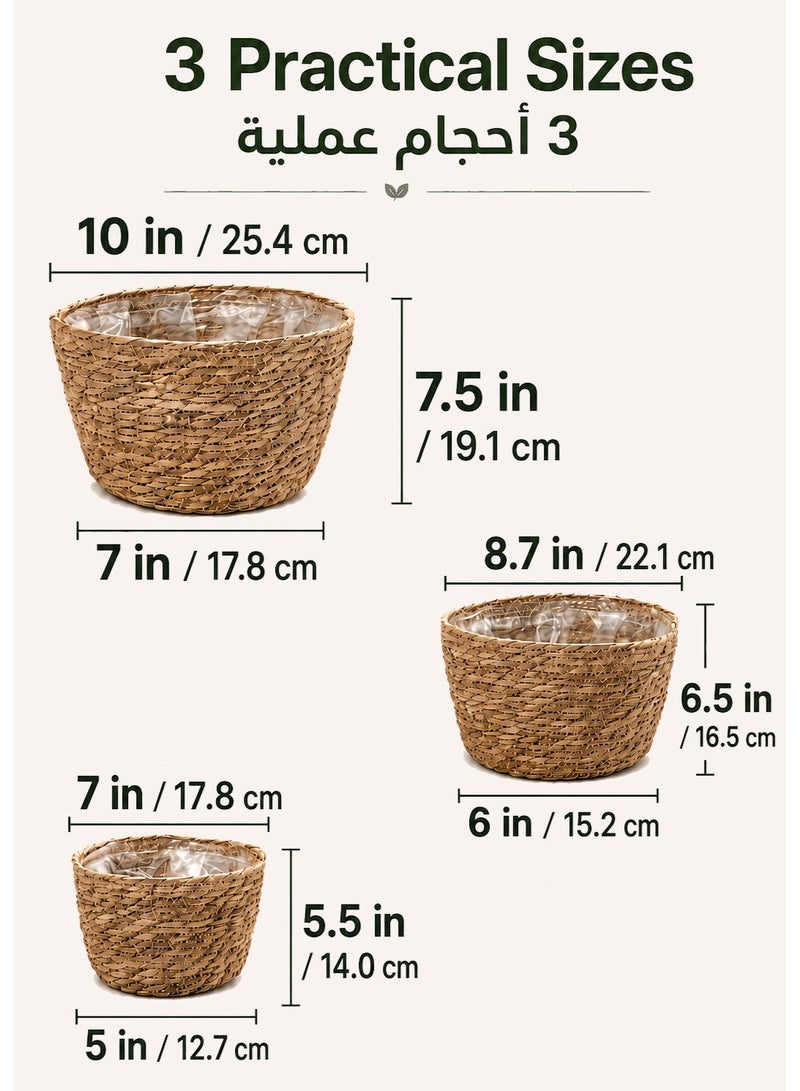 BaytEasy Plant Basket Set of 3, Indoor Woven Planter Baskets with Plastic Liner, Water Hyacinth and Corn Husk Flower Pots for Rustic Home & Floor Plant Decor - Natural Color - Image 3
