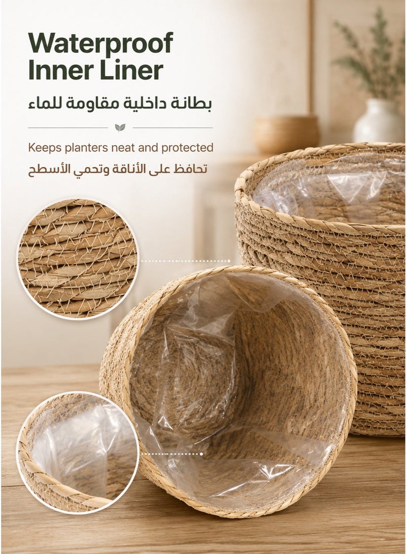 BaytEasy Plant Basket Set of 3, Indoor Woven Planter Baskets with Plastic Liner, Water Hyacinth and Corn Husk Flower Pots for Rustic Home & Floor Plant Decor - Natural Color - Image 2
