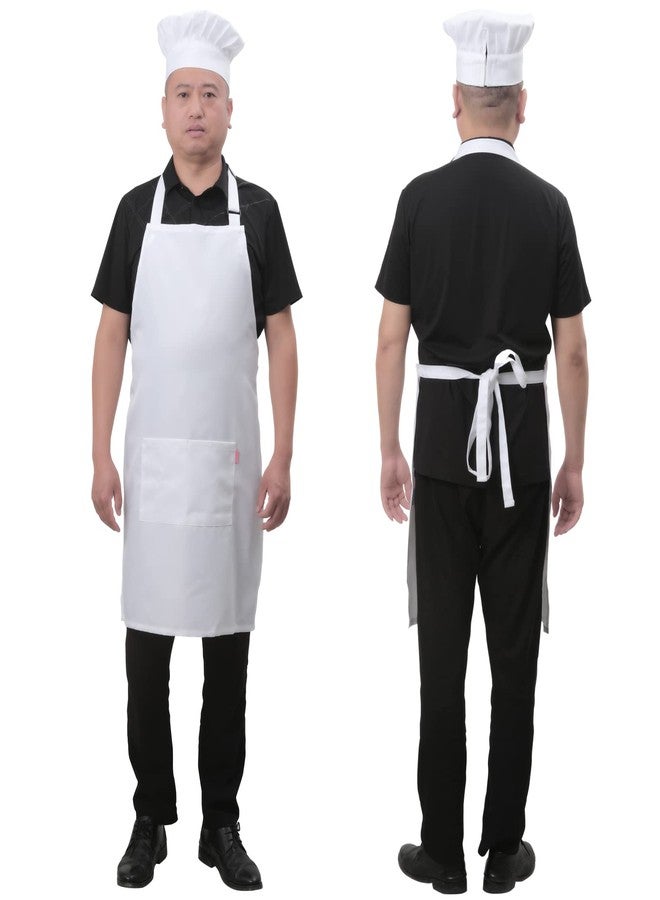 ALIPOBO Bib Aprons Set for Women and Men, Kitchen Chef Apron with 2 Pockets and 40" Long Ties, Plus Size Adjustable Apron and Hat for Cooking - 32" x 28" - White - Image 2