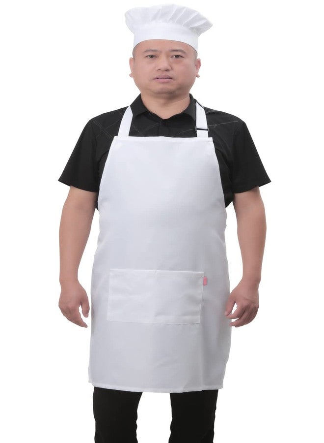 ALIPOBO Bib Aprons Set for Women and Men, Kitchen Chef Apron with 2 Pockets and 40" Long Ties, Plus Size Adjustable Apron and Hat for Cooking - 32" x 28" - White - Image 1