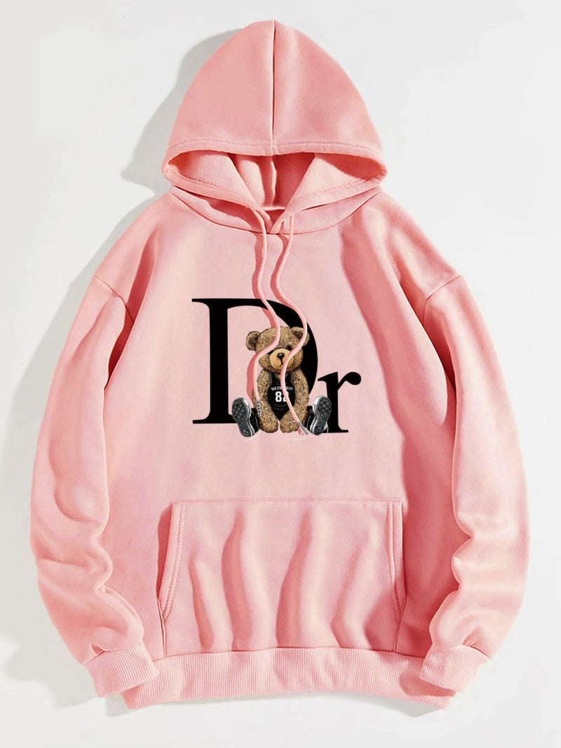 Foreign Trade Womens Velvet Sweatshirt Plain Dr Teddy Bear Print Kangaroo Flap Pocket Pants Drawstring Printed Hoodie Pink