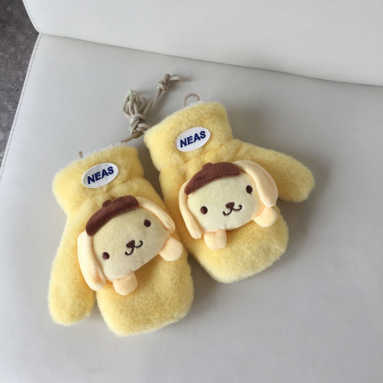 Korean Cartoon Embroidery Kids Scarf with Plush Gloves Yellow-gloves 