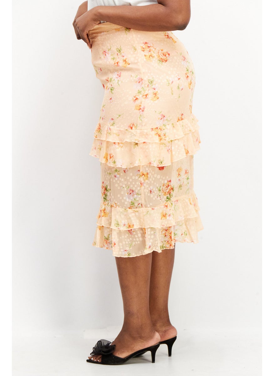 Dark Pink - Women Ruffle Detail Allover Print Midi Skirt, Orange Combo - Image 1
