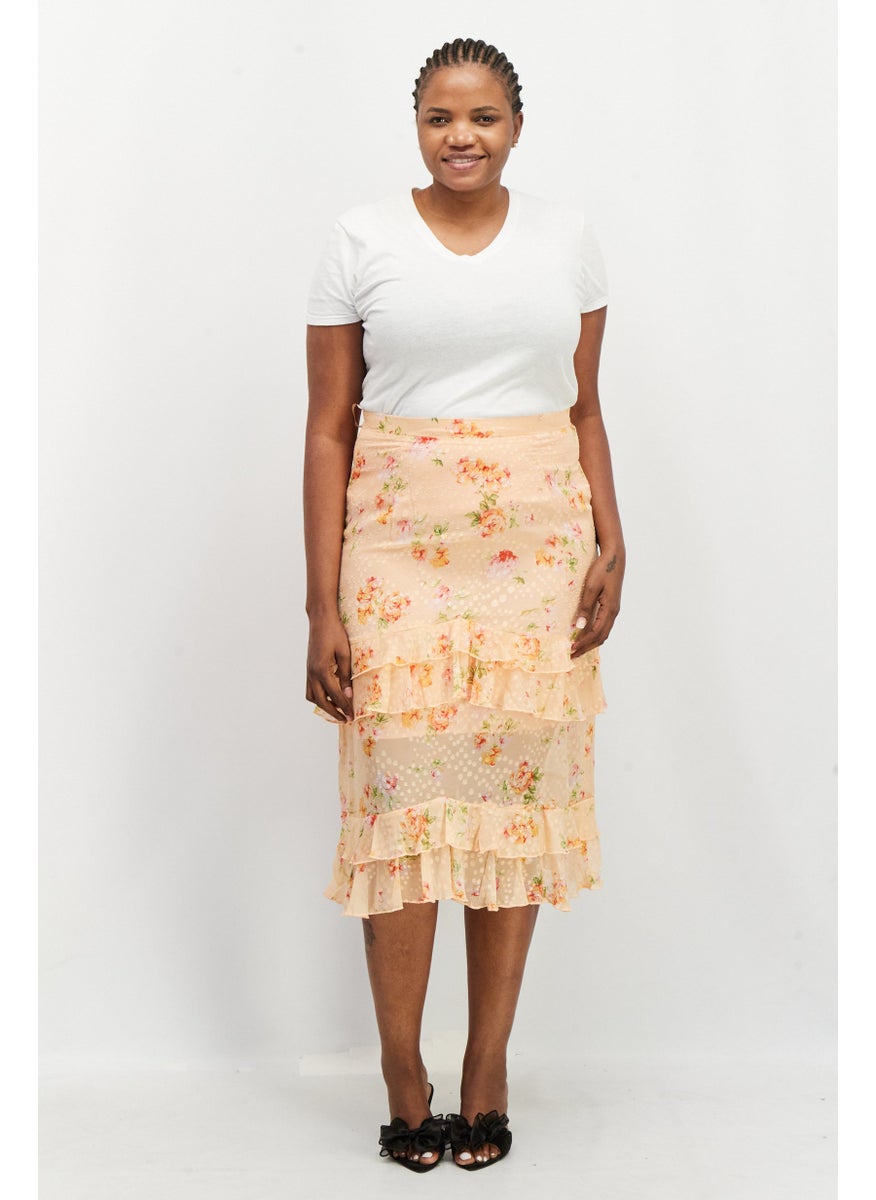 Dark Pink - Women Ruffle Detail Allover Print Midi Skirt, Orange Combo - Image 1
