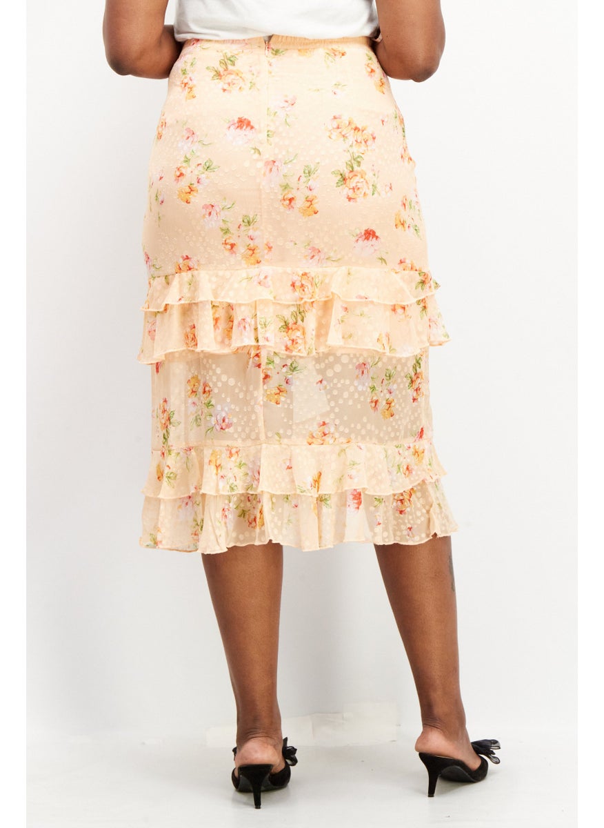 Dark Pink - Women Ruffle Detail Allover Print Midi Skirt, Orange Combo - Image 1