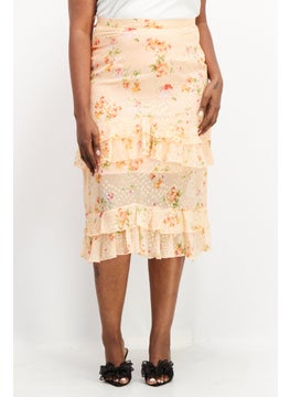 Women Ruffle Detail Allover Print Midi Skirt, Orange Combo