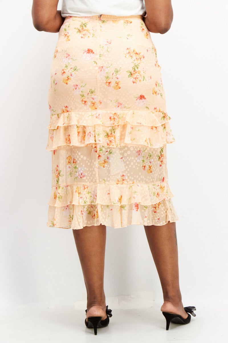 Dark Pink Women Ruffle Detail Allover Print Midi Skirt, Orange Combo - Image 4