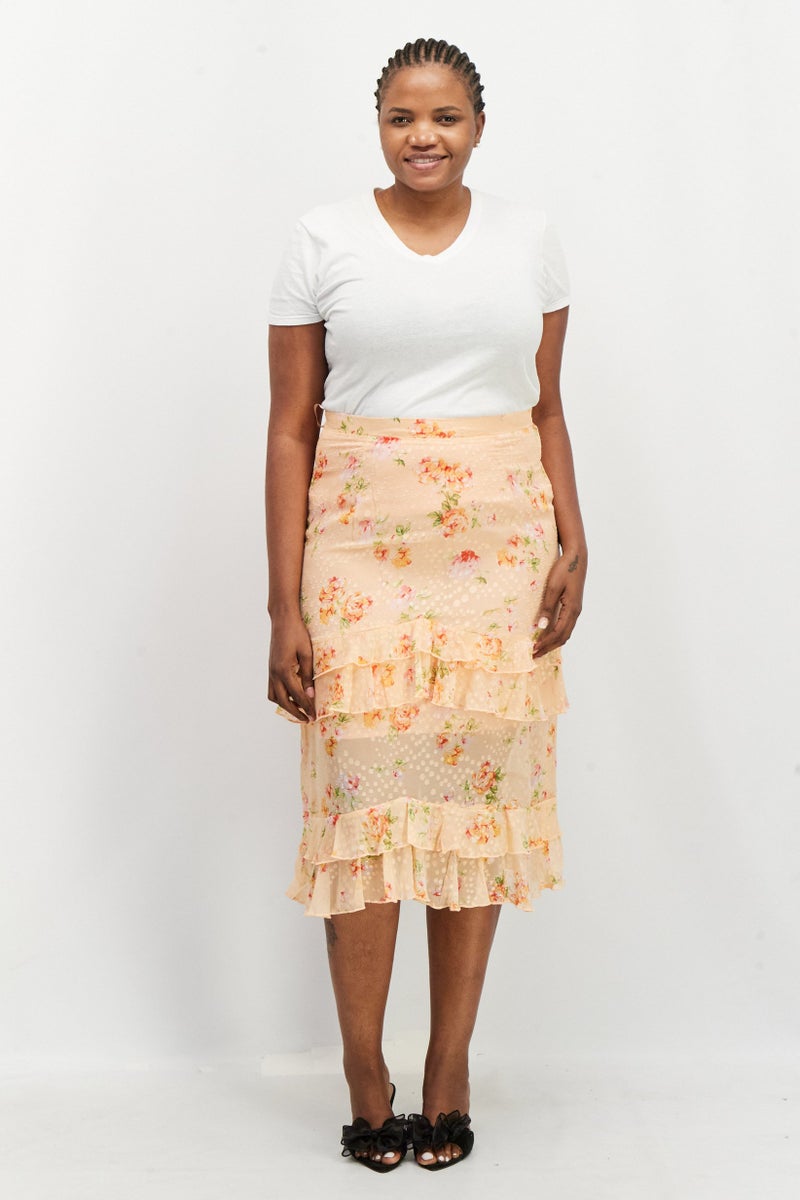 Dark Pink Women Ruffle Detail Allover Print Midi Skirt, Orange Combo - Image 2