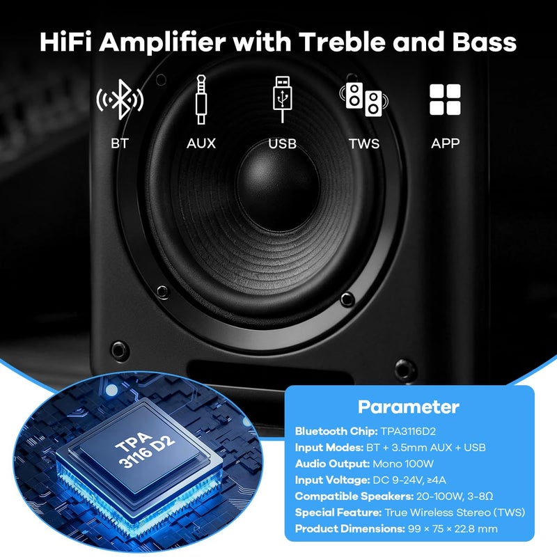Hosyond ZK-1001U Mono Bluetooth Amplifier Board, 100W Power Amp with TWS Pairing, 9-24V Wide Voltage Input, USB/AUX/Bluetooth Inputs for DIY Speakers & Car Audio - Image 3
