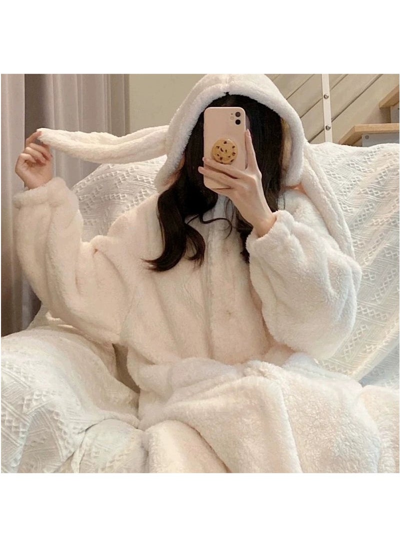 تابيت المرأة الخريف الشتاء الشعاب المرجانية الصوف رداء، أرنب أذنين الطالب غطاء البيجاما، لطيف الكرتون متوسط الطول المنزل ملابس النوم رداء الحمام (أبيض، مناسبة ل 55-65 كجم) - Image 5