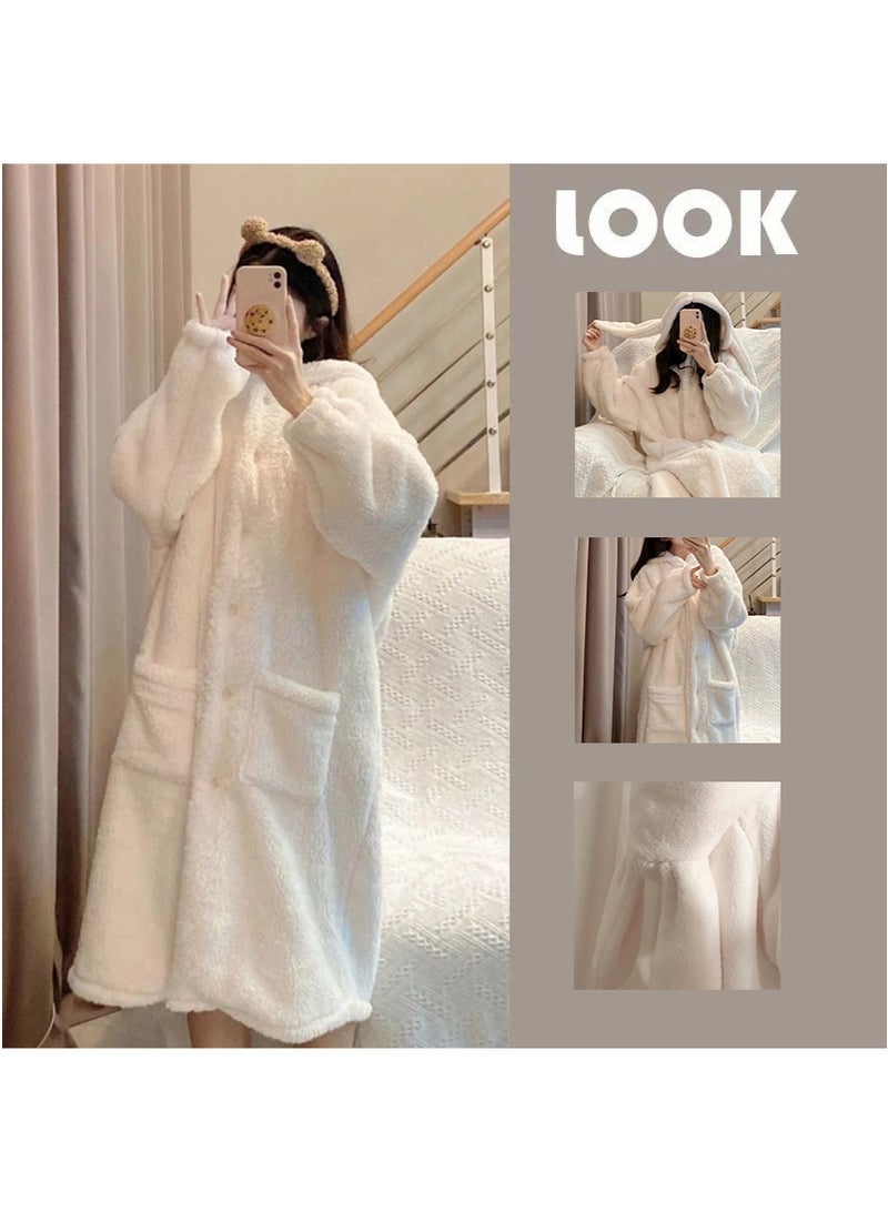 تابيت المرأة الخريف الشتاء الشعاب المرجانية الصوف رداء، أرنب أذنين الطالب غطاء البيجاما، لطيف الكرتون متوسط الطول المنزل ملابس النوم رداء الحمام (أبيض، مناسبة ل 55-65 كجم) - Image 1