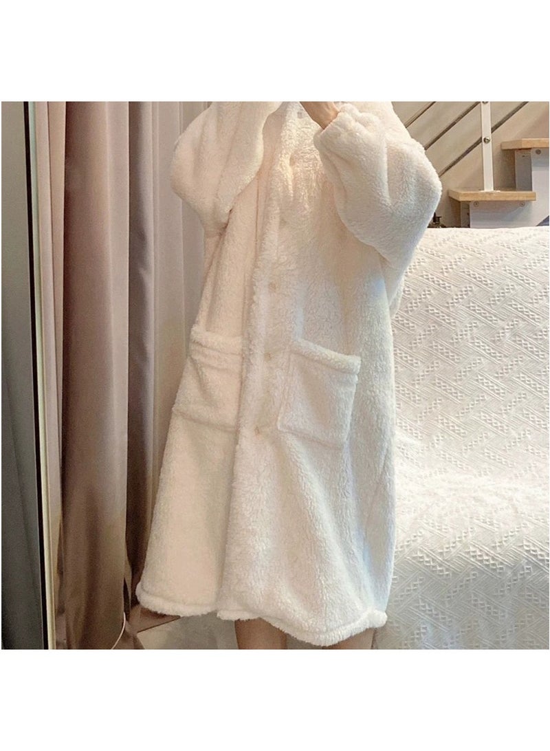 تابيت المرأة الخريف الشتاء الشعاب المرجانية الصوف رداء، أرنب أذنين الطالب غطاء البيجاما، لطيف الكرتون متوسط الطول المنزل ملابس النوم رداء الحمام (أبيض، مناسبة ل 55-65 كجم) - Image 3
