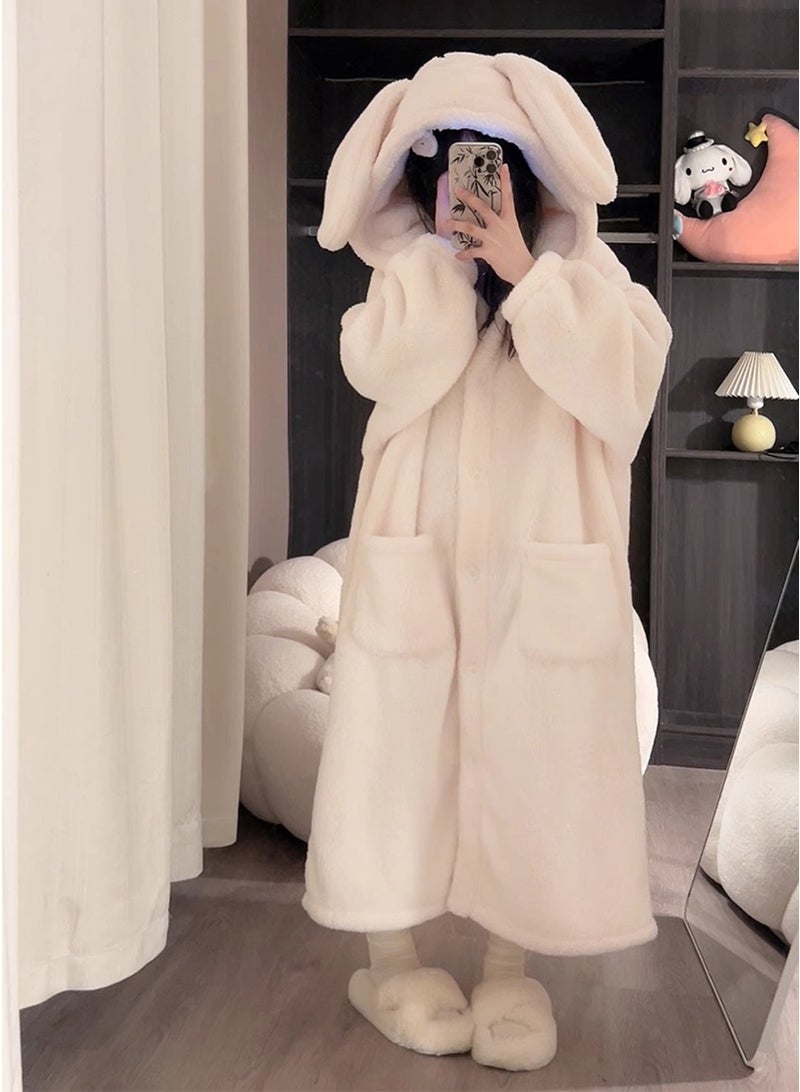 تابيت المرأة الخريف الشتاء الشعاب المرجانية الصوف رداء، أرنب أذنين الطالب غطاء البيجاما، لطيف الكرتون متوسط الطول المنزل ملابس النوم رداء الحمام (أبيض، مناسبة ل 55-65 كجم) - Image 2