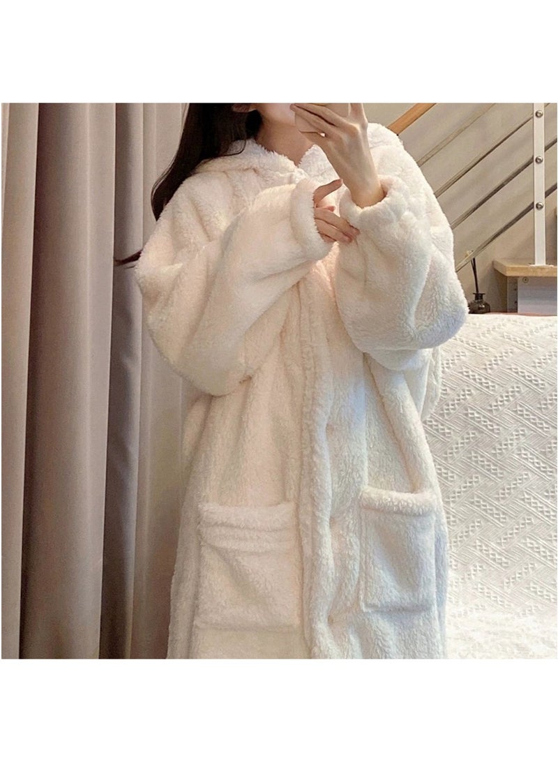 تابيت المرأة الخريف الشتاء الشعاب المرجانية الصوف رداء، أرنب أذنين الطالب غطاء البيجاما، لطيف الكرتون متوسط الطول المنزل ملابس النوم رداء الحمام (أبيض، مناسبة ل 55-65 كجم) - Image 4