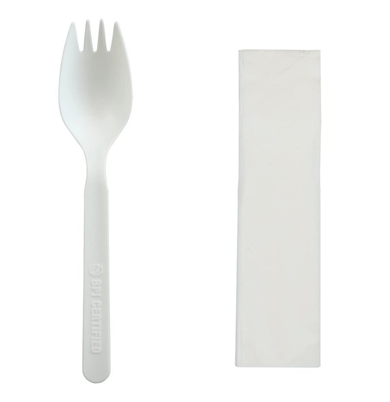 GreenWorks 55 Compostable CPLA Spork and Napkin 2 in 1 BPI Certified500 Count Individually Wrapped With Compostable Wrapper