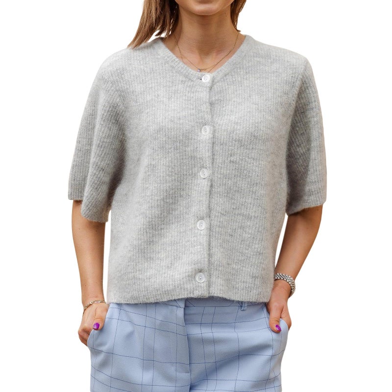 KMBANGI Women Y2K Cardigan Sweater Short Sleeve Button Down Ribbed Knit Crop Top Fall Winter Going Out Sweater (Light Gray, M) - Image 2