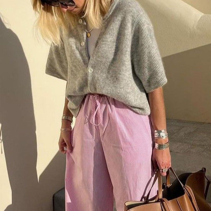KMBANGI Women Y2K Cardigan Sweater Short Sleeve Button Down Ribbed Knit Crop Top Fall Winter Going Out Sweater (Light Gray, M) - Image 3
