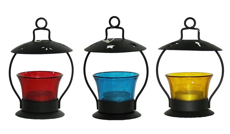 Puja N Pujari Puja N Pujari Crystal Tea Light Candle Holder Lantern Table Candle Lamp for Home Decor Multi Color Set of 3  - Image 1