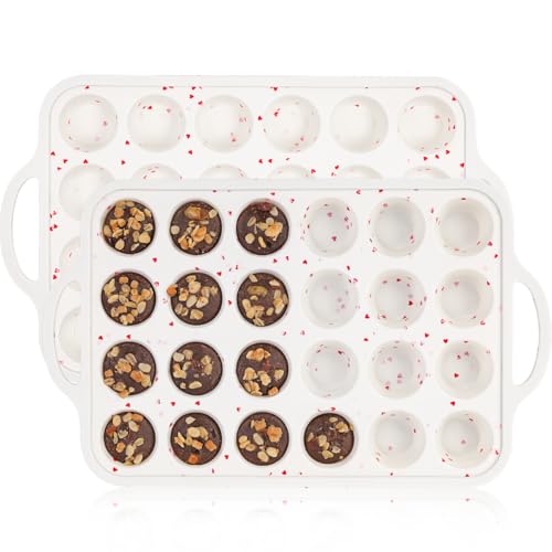 CAKETIME Mini Muffin Pan Metal Reinforced Frame Mini Cupcake Pans 24 Cups Nonstick Muffin Silicone Molds with Handle for Baking Muffins Cupcakes Egg Bites 2 Pack HeartShaped - Image 1
