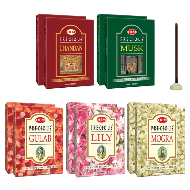 HEM HEM Precious 5 Variant Assorted Incense Dhoop Sticks Set of 2 5 Packs of 60g Each per Set Fragrances Chandan Gulab Mogra Lily Musk Pooja Room Items for Home Prayers Pack of 5
