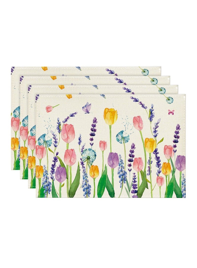 NIBEMINENT مجموعة 4 قطع من مفارش الطاولة SYOSI، مفارش لطاولة الطعام، 30x45 سم، زينة عطلة ريفية قابلة للغسل بنمط زهور اللافندر والتوليب، ديكور منزلي لحفلات المطبخ - Image 1