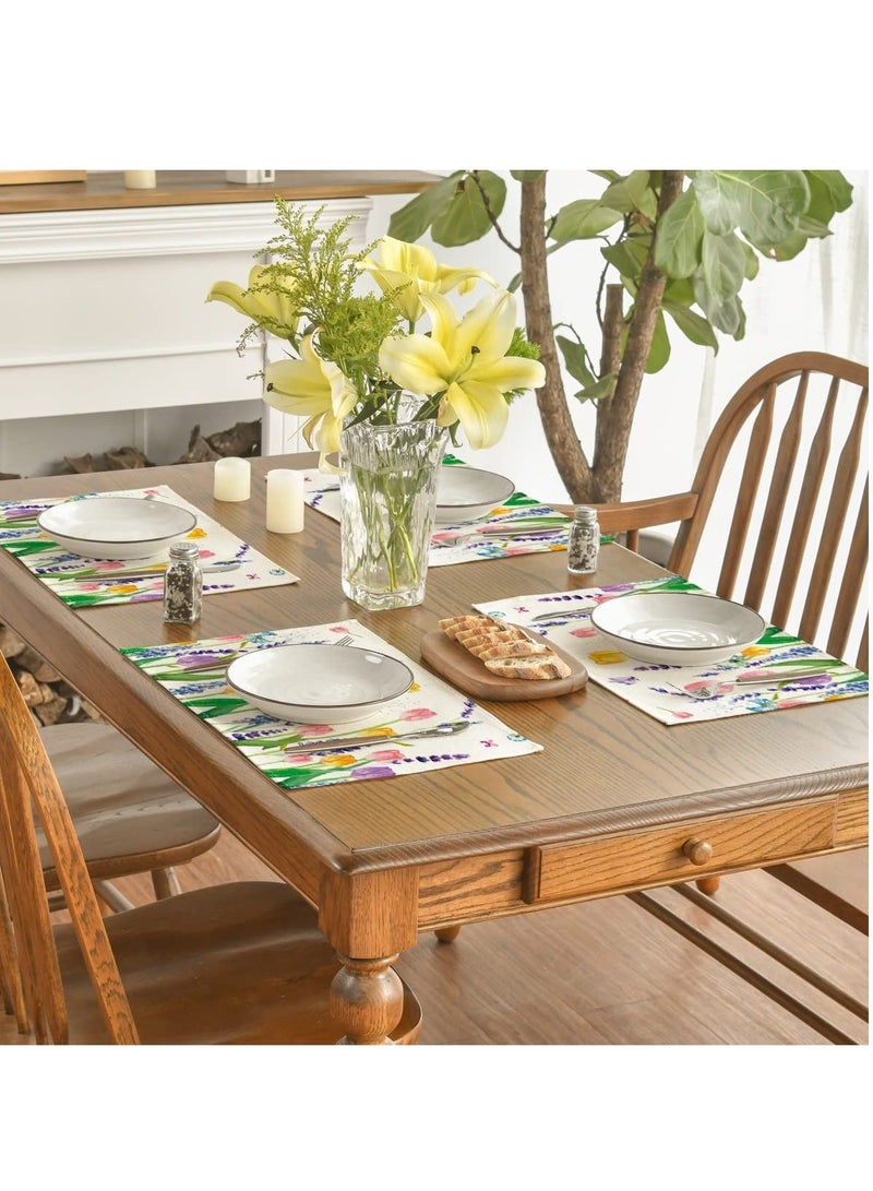 NIBEMINENT مجموعة 4 قطع من مفارش الطاولة SYOSI، مفارش لطاولة الطعام، 30x45 سم، زينة عطلة ريفية قابلة للغسل بنمط زهور اللافندر والتوليب، ديكور منزلي لحفلات المطبخ - Image 3