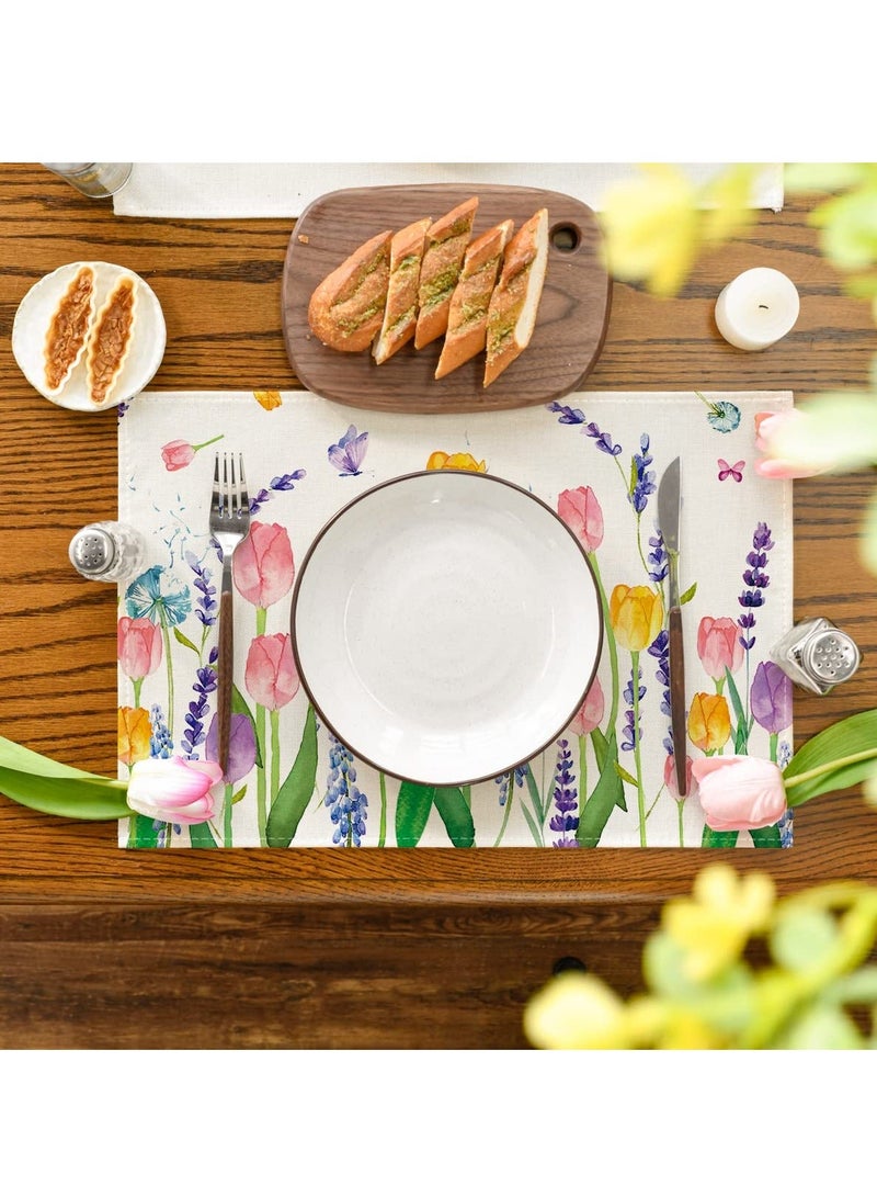 NIBEMINENT مجموعة 4 قطع من مفارش الطاولة SYOSI، مفارش لطاولة الطعام، 30x45 سم، زينة عطلة ريفية قابلة للغسل بنمط زهور اللافندر والتوليب، ديكور منزلي لحفلات المطبخ - Image 5