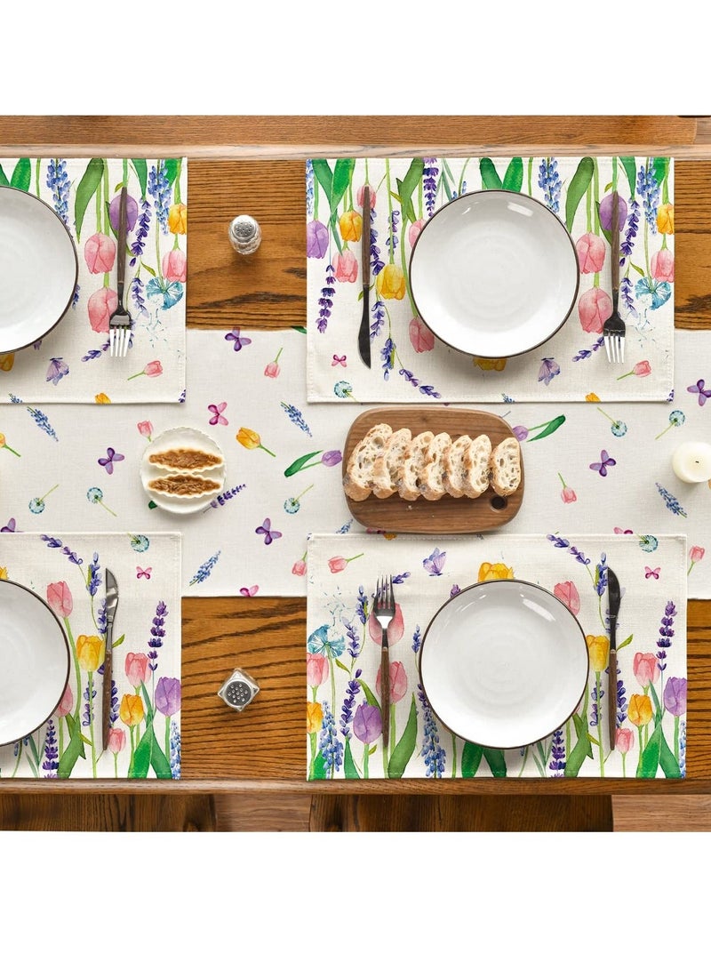 NIBEMINENT مجموعة 4 قطع من مفارش الطاولة SYOSI، مفارش لطاولة الطعام، 30x45 سم، زينة عطلة ريفية قابلة للغسل بنمط زهور اللافندر والتوليب، ديكور منزلي لحفلات المطبخ - Image 4