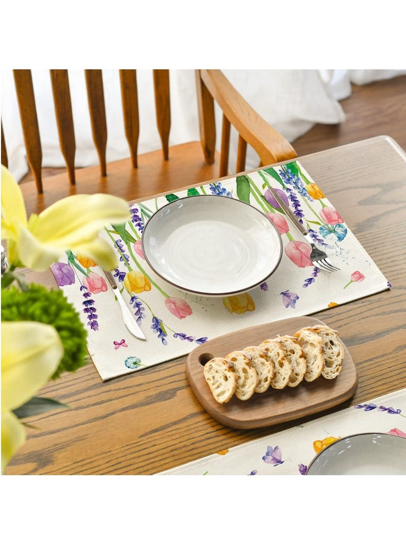 NIBEMINENT مجموعة 4 قطع من مفارش الطاولة SYOSI، مفارش لطاولة الطعام، 30x45 سم، زينة عطلة ريفية قابلة للغسل بنمط زهور اللافندر والتوليب، ديكور منزلي لحفلات المطبخ - Image 2
