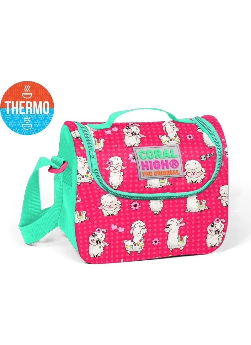 Yaygan Coral High Pink Lama Patterned Thermos Lunch Bag for Girl 